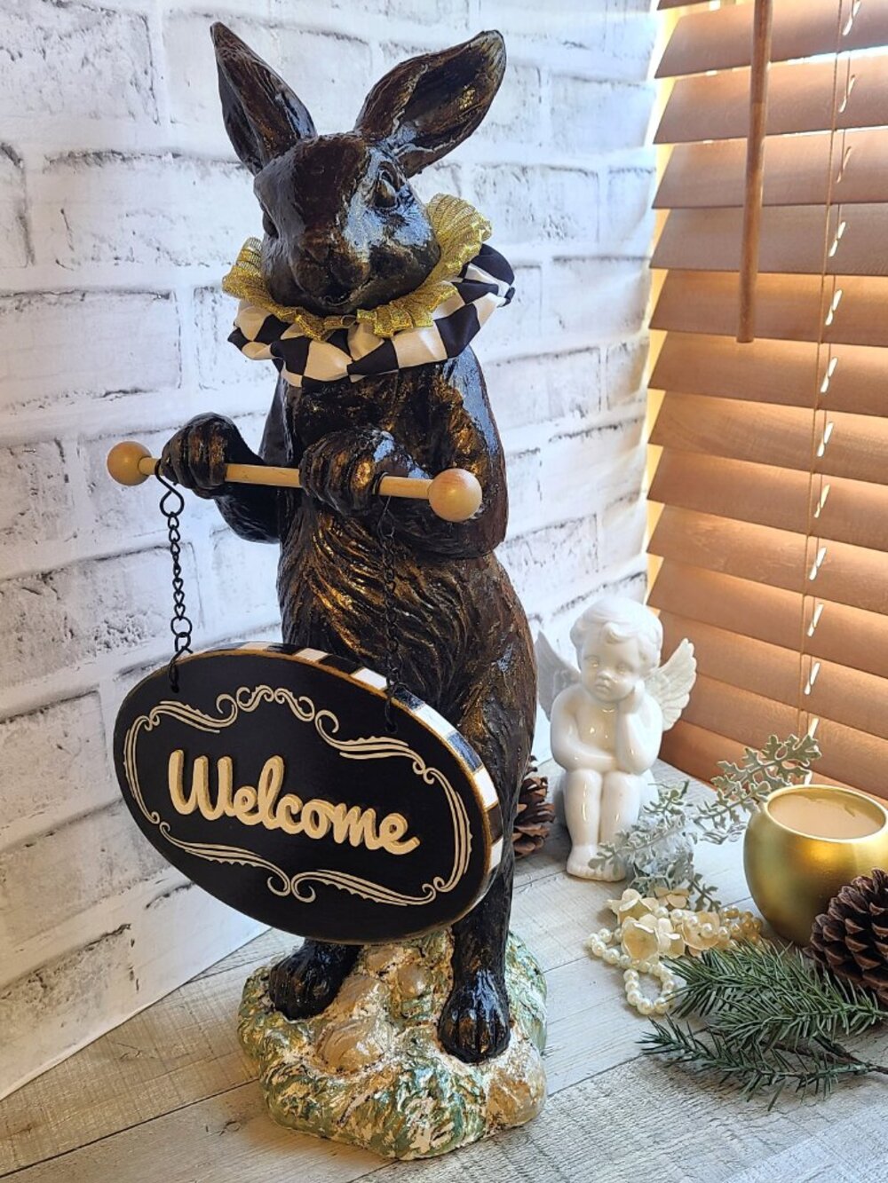 Checked Welcome Sign Anthropomorphic Rabbit Statue Checked Whimsy Decor